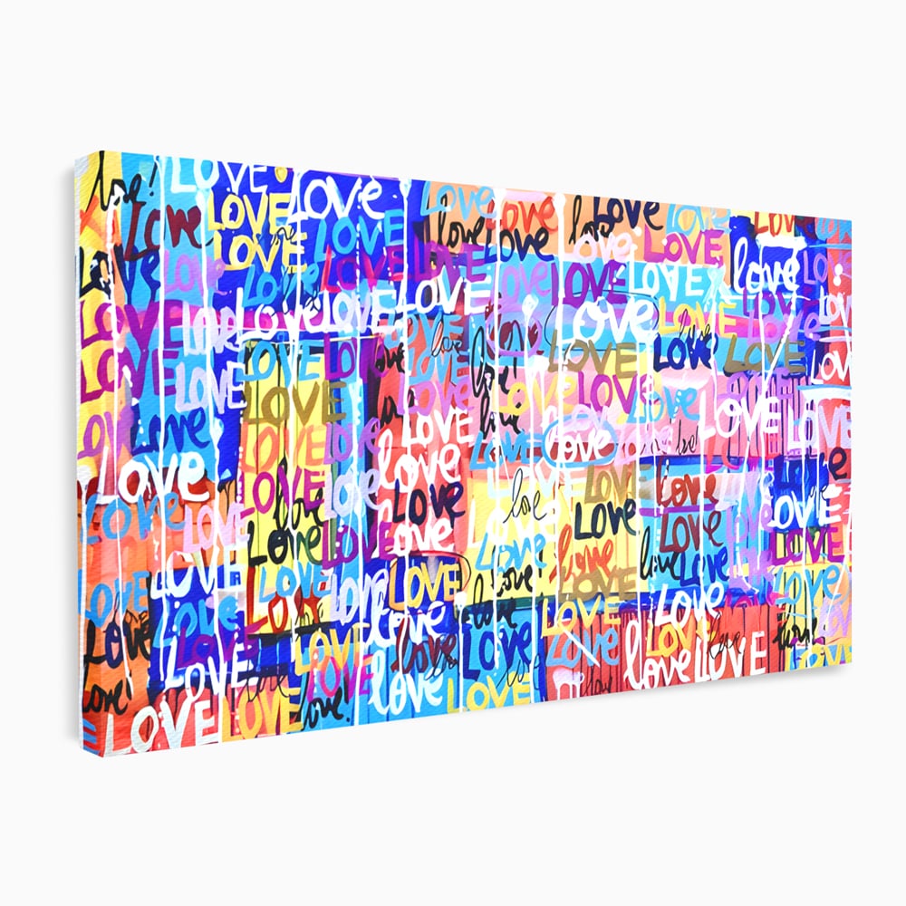 Tablou canvas cu tablou canvas cu graffiti colorat si cuvantul love, fara rama, pe sasiu de lemn
